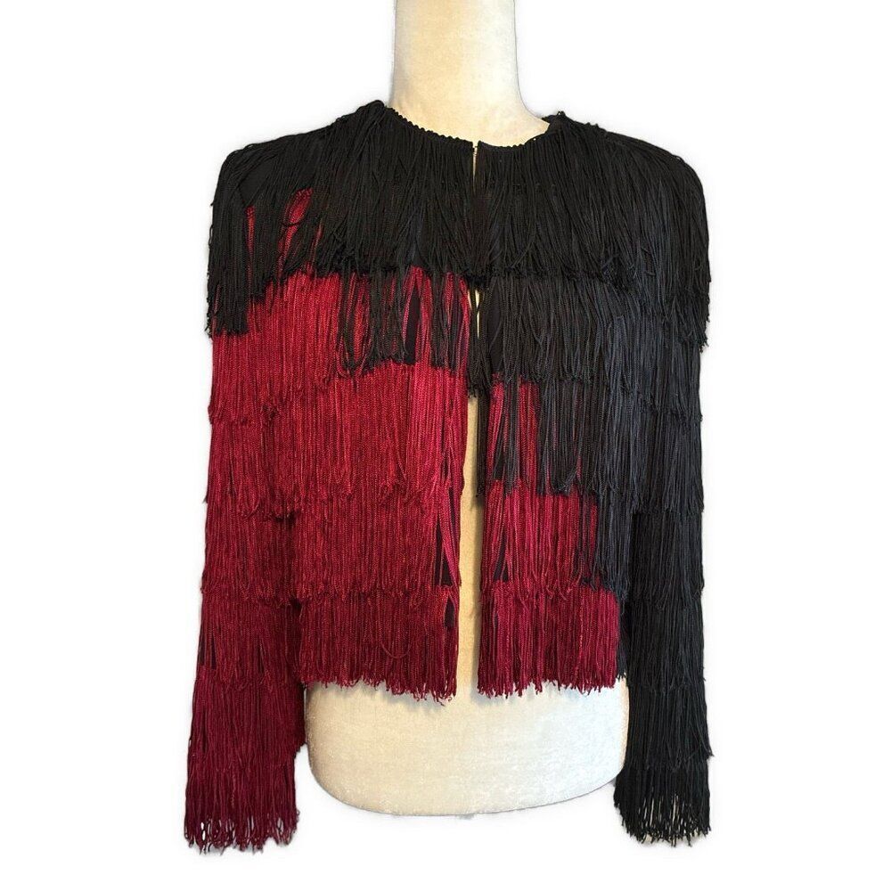 Wayne Clark Vintage Women’s Black Red Fringe Long Sleeve Jacket 6 Small